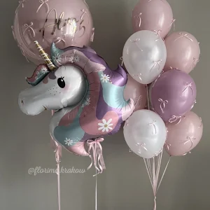 Zestaw balonów #144 Jednorożec i balon Bubble z napisem