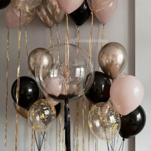 Zestaw balonów #307 różowo-czarny z balonem Bubble z piórkami